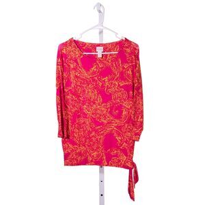 Chico's Womens Blouse Pink Yellow Abstract Stretch Tie Front Colorful Top 0 S/4